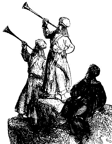 Two priests blowing trumpets