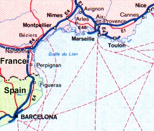 Gulf of Lyon - international border  From Rand McNally Road Atlas of Europe, 1978